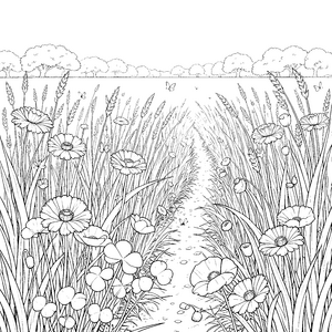 Farbenfrohe Sommerwiese mit Mohnblumen Ausmalbild für fröhliche Wiesenkinder