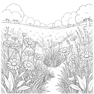 Sanfte Sommerwiese mit Pfad und Blumen Malbild für kreative Wiesenkinder