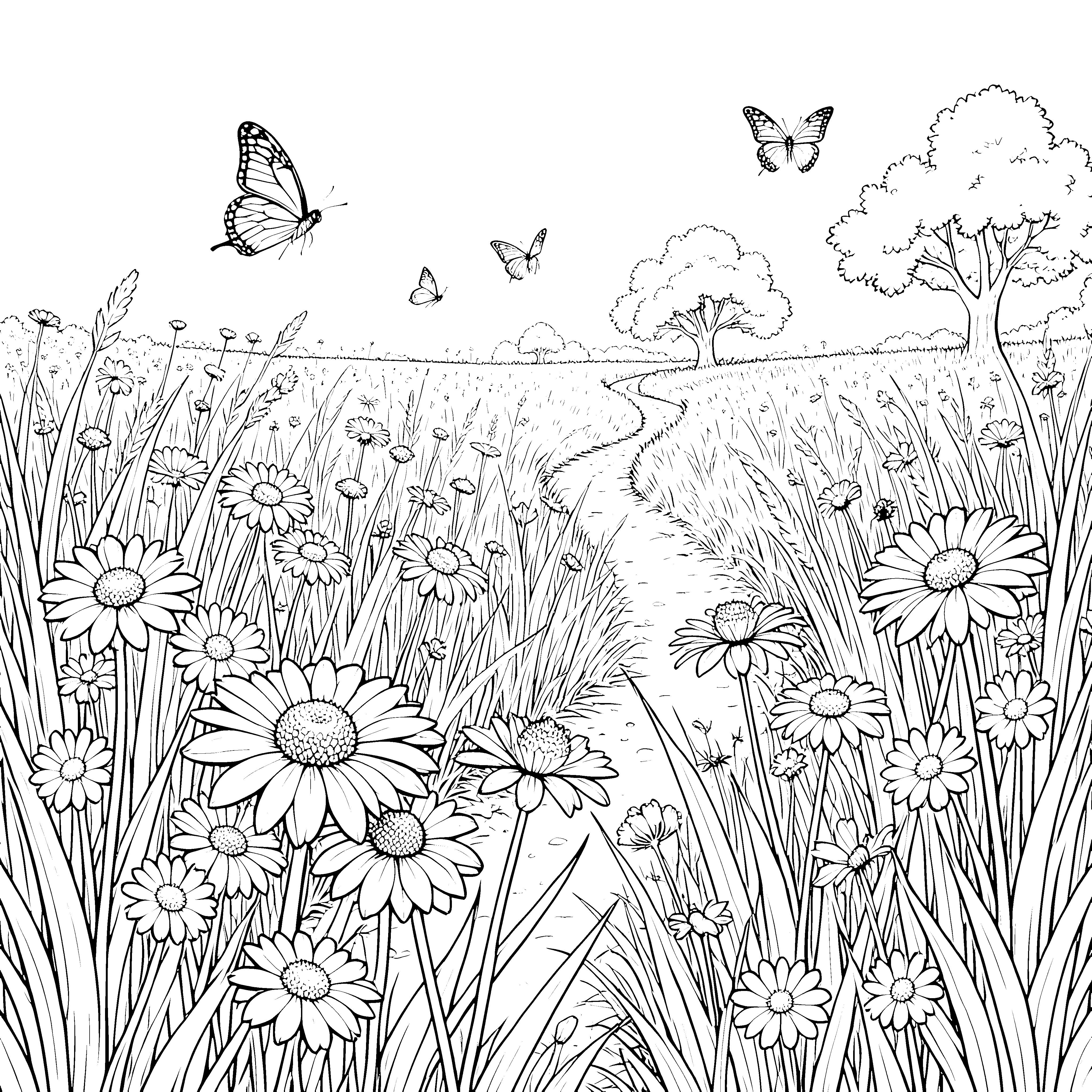 Zauberhafte Sommerwiese mit Schmetterlingen Ausmalbild für junge Blütenfreunde