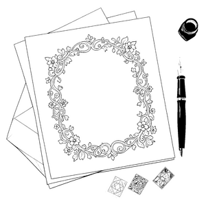 Dekoratives Briefpapier mit Tintenfass Ausmalbild für verträumte Postfreunde