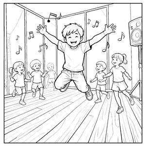 Energetische Kindergruppe mit Musiknoten Malbild für neugierige Tanzbegeisterte