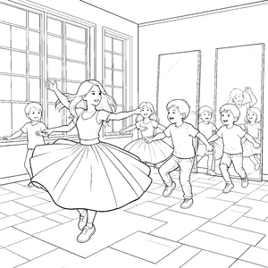 Lebhafte Kindergruppe im Tanzstudio Ausmalvorlage für kleine Bühnenfreunde