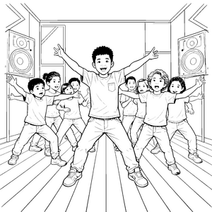 Begeisterte Kindergruppe mit Lautsprechern Malvorlage für malfreudige Rhythmusbegeisterte