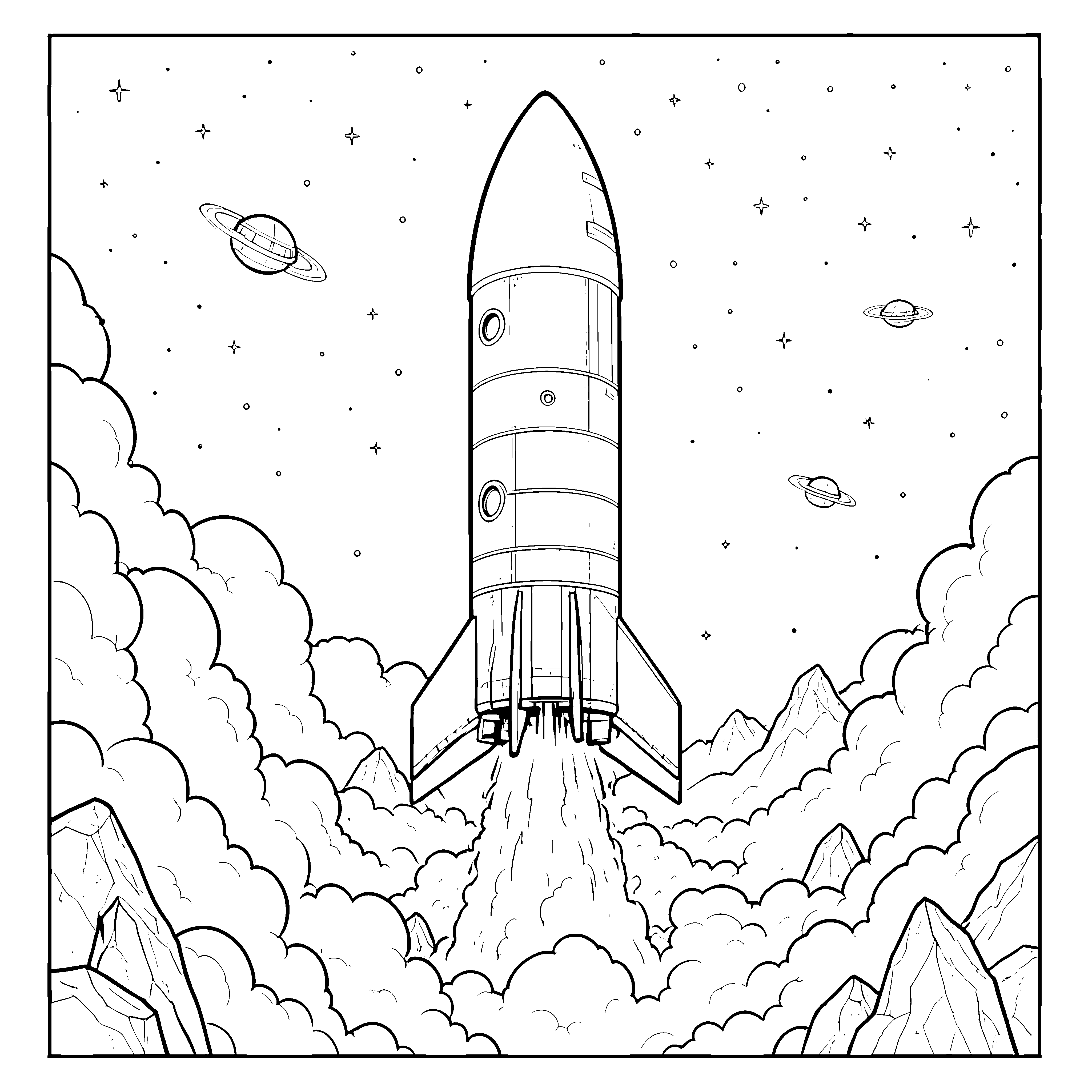 Spektakuläre Rakete im Wolkenmeer Ausmalbild für Sternenbummler