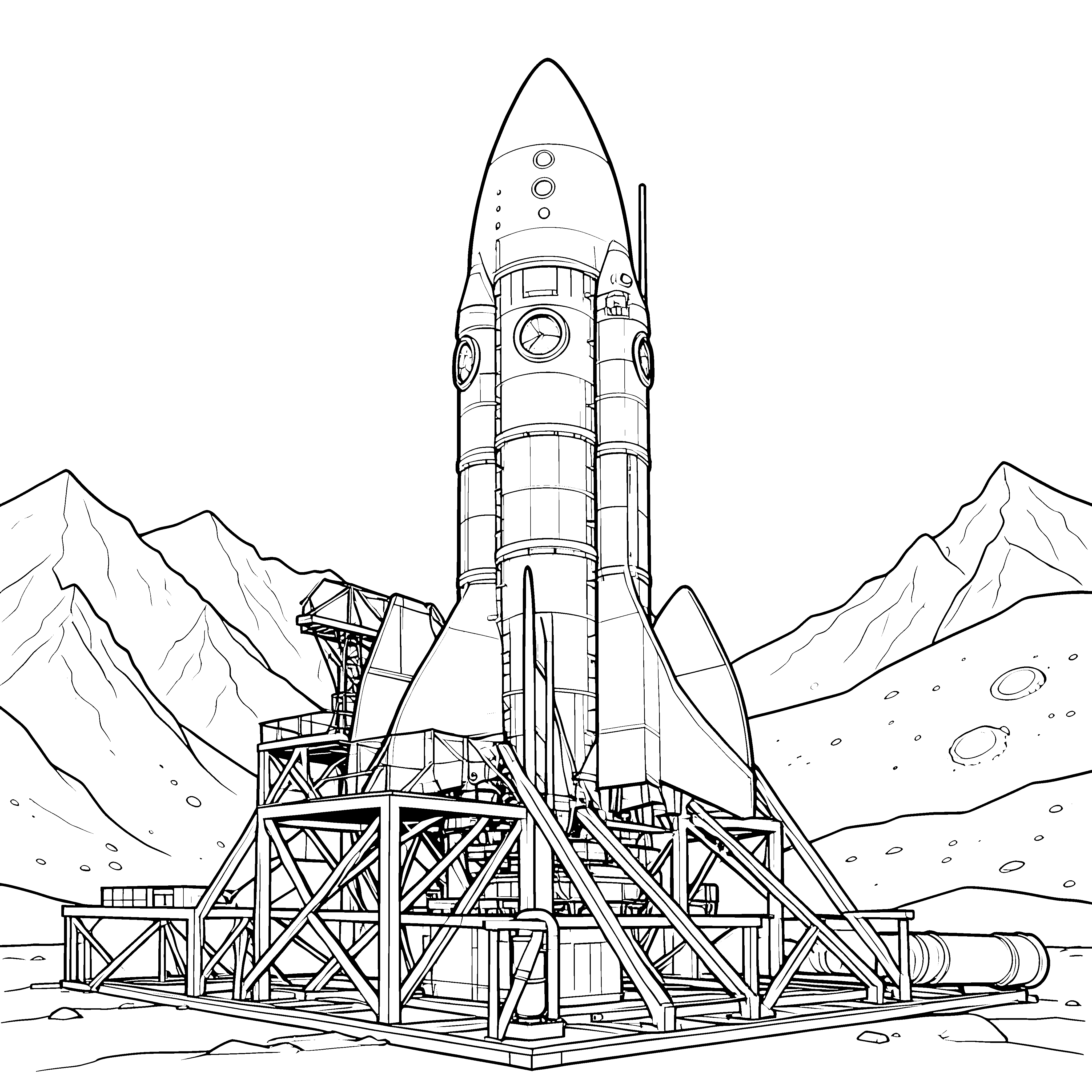 Gigantische Rakete auf Startrampe Ausmalvorlage für neugierige Bergsteiger