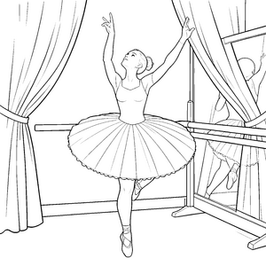 Elegane Ballerina am Ballettbarren Ausmalbild für neugierige Tänzerinnen