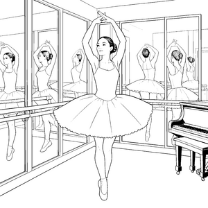 Gracevolle Ballerina vor dem Klavier Malbild für fröhliche Musikfreunde