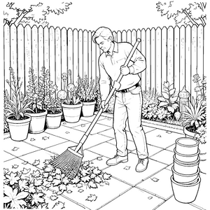 Fleißiger Gärtner mit Besen und Töpfen Bastelmotiv für kleine Gartenhelfer