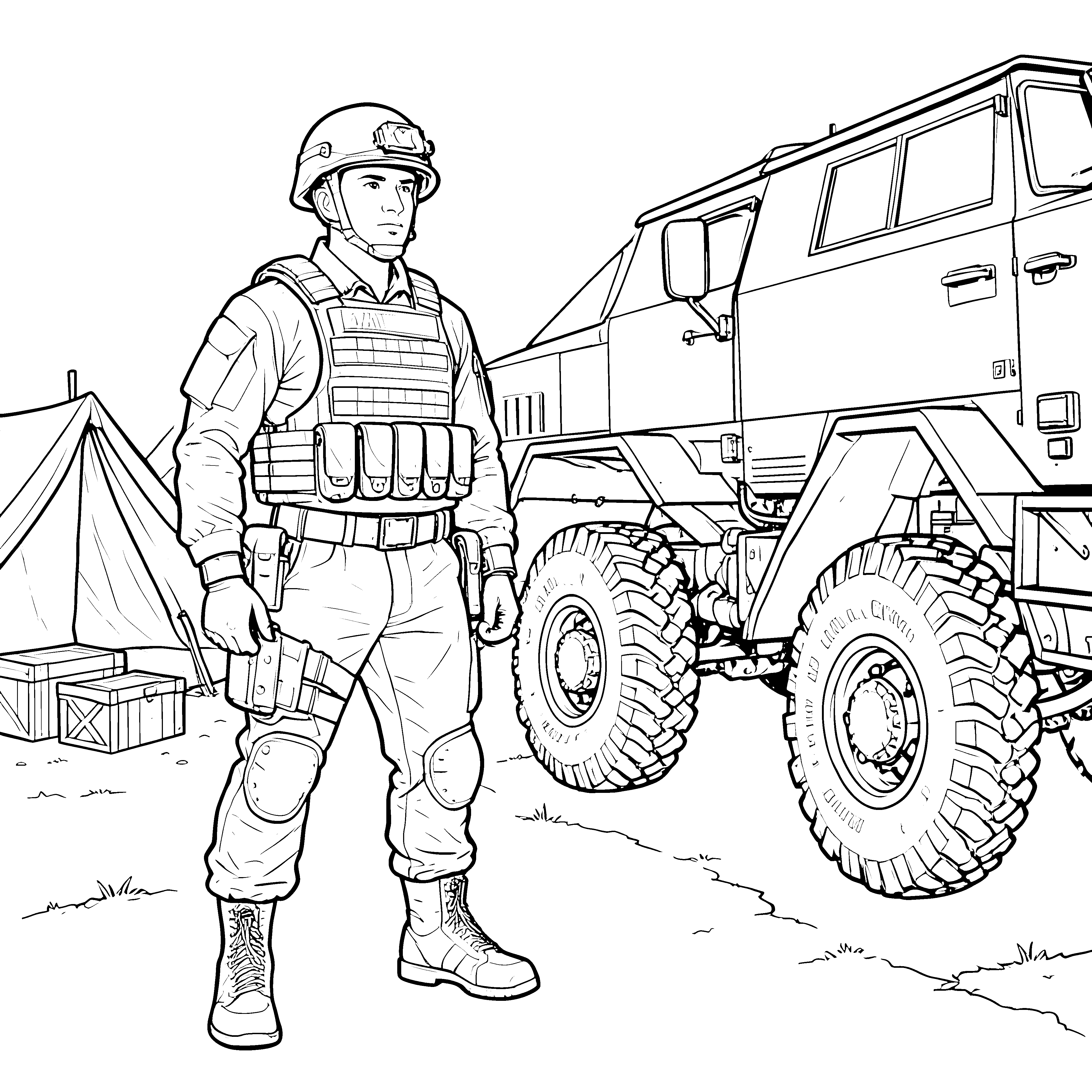 Beherzter Soldat am Geländefahrzeug Malbild für Wüstenforscher