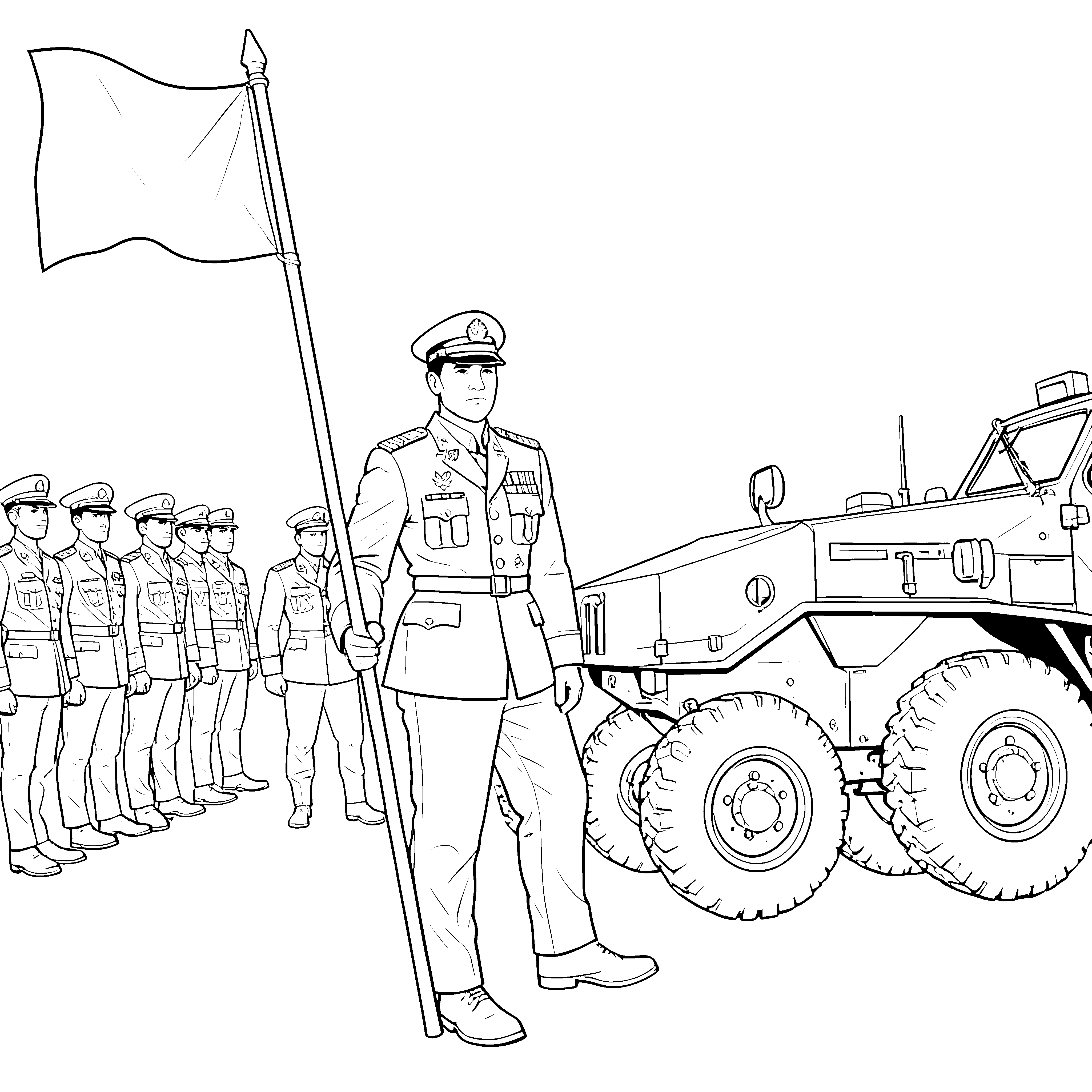 Mutige Soldaten mit Flagge Malvorlage für junge Militärfans