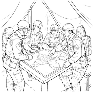 Entschlossene Soldaten an der Landkarte Malvorlage für kreative Strategen