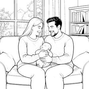 Ruhige Eltern mit Baby auf dem Sofa Bastelvorlage für malfreudige Wohnzimmerfreunde