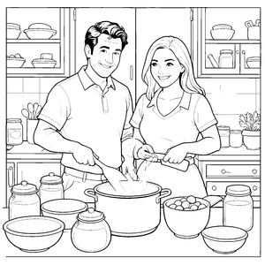 Herzliche Eltern beim Kochen Bastelmotiv für kreative Küchenhelfer