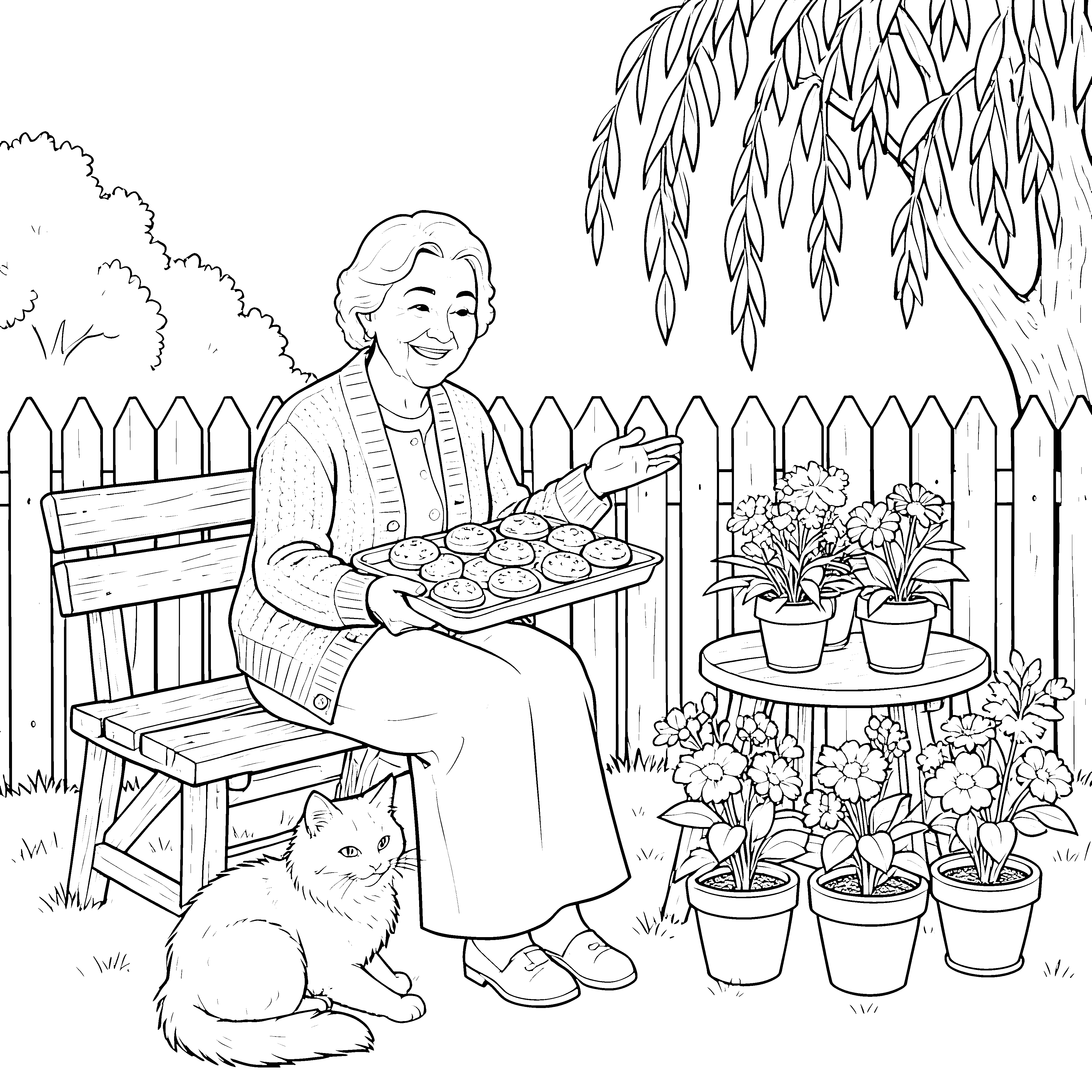 Freundliche Oma mit Gebäckplatte Ausmalvorlage für kleine Gartenfreunde