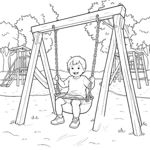 Fröhlicher Junge auf einer Schaukel Ausmalvorlage für mutige Spielplatzhelden