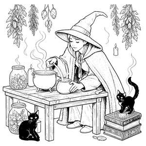 Geheimnisvolle Hexe am Zaubertopf Bastelmotiv für kleine Zauberer