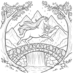 Märchenhafter Pegasus auf Steinbrücke Ausmalvorlage für verträumte Bergfreunde