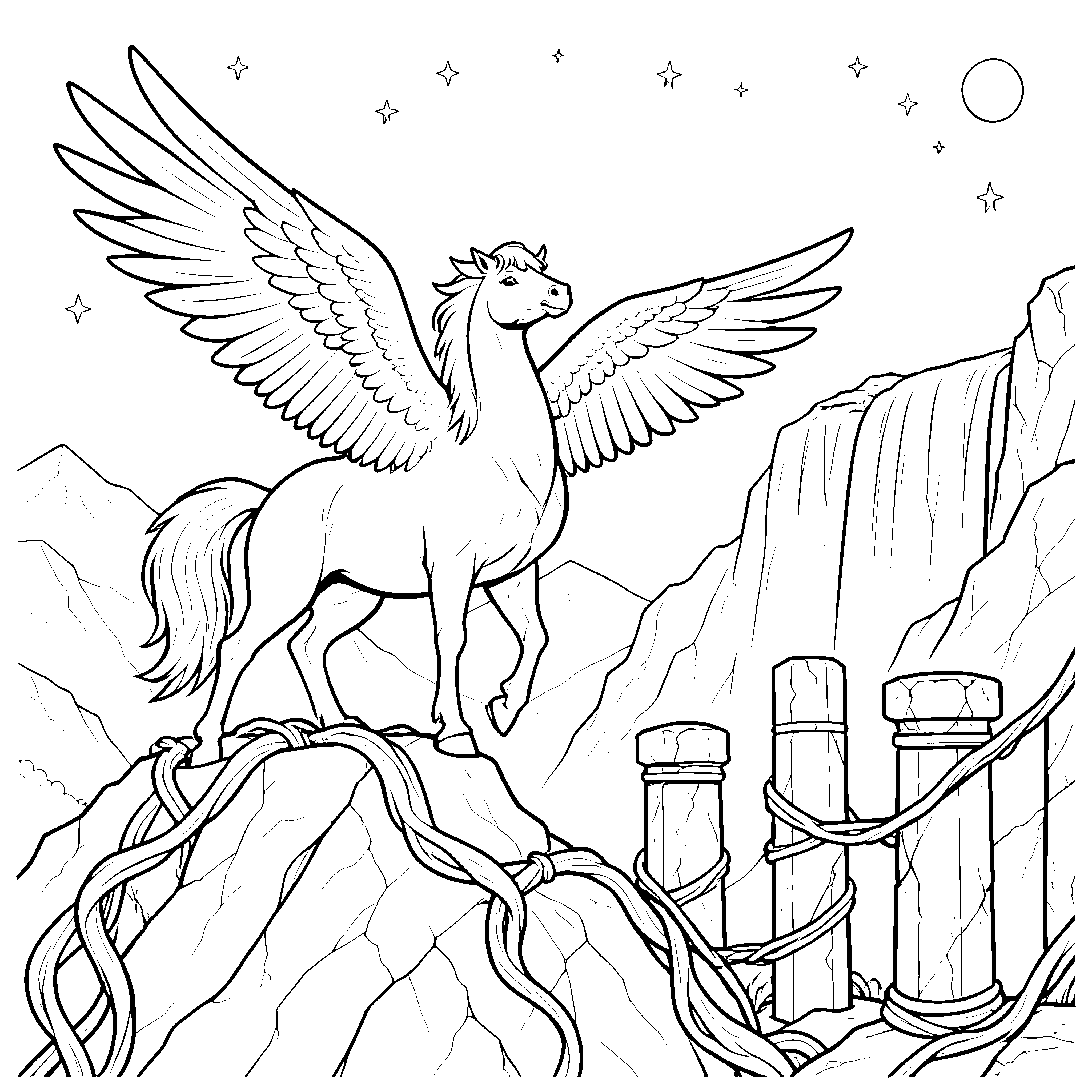 Mystischer Pegasus bei Wasserfall Ausmalvorlage für kleine Sternengucker