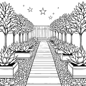 Symmetrischer Gartenweg mit Weihnachtssternen Bastelmotiv für malfreudige Pflanzenforscher