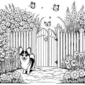 Verspielter Corgi am Gartentor Bastelmotiv für junge Gartenfreunde