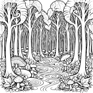 Verwunschener Zauberwald mit Bach und Pilzen Ausmalbild für malfreudige Naturbegeisterte