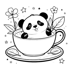 Verspielter Panda in Teetasse Malbild für kleine Blumenfreunde