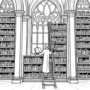 Geheimnisvolles Bibliotheks-Skelett mit Buch Ausmalbild für kleine Buchwürmer