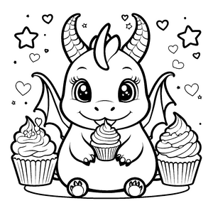 Verspielter Kawaii-Drache mit Cupcakes Malvorlage für neugierige Naschfreunde