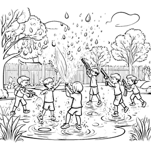 Fröhliche Kinder mit Wasserpistolen im Garten Ausmalbild für kreative Wasserfreunde