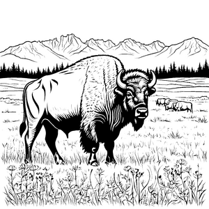 Imposanter Bison auf Blumenwiese Ausmalvorlage für kleine Naturfreunde