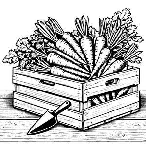 Rustikale Karottenkiste mit Schaufel Ausmalbild für mutige Erntehelfer