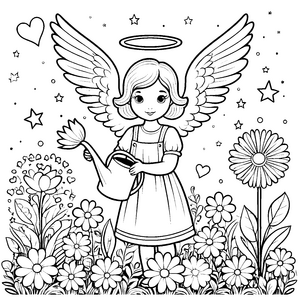 Ruhiger Kawaii Engel mit Gießkanne Bastelvorlage für Pflanzenfreunde