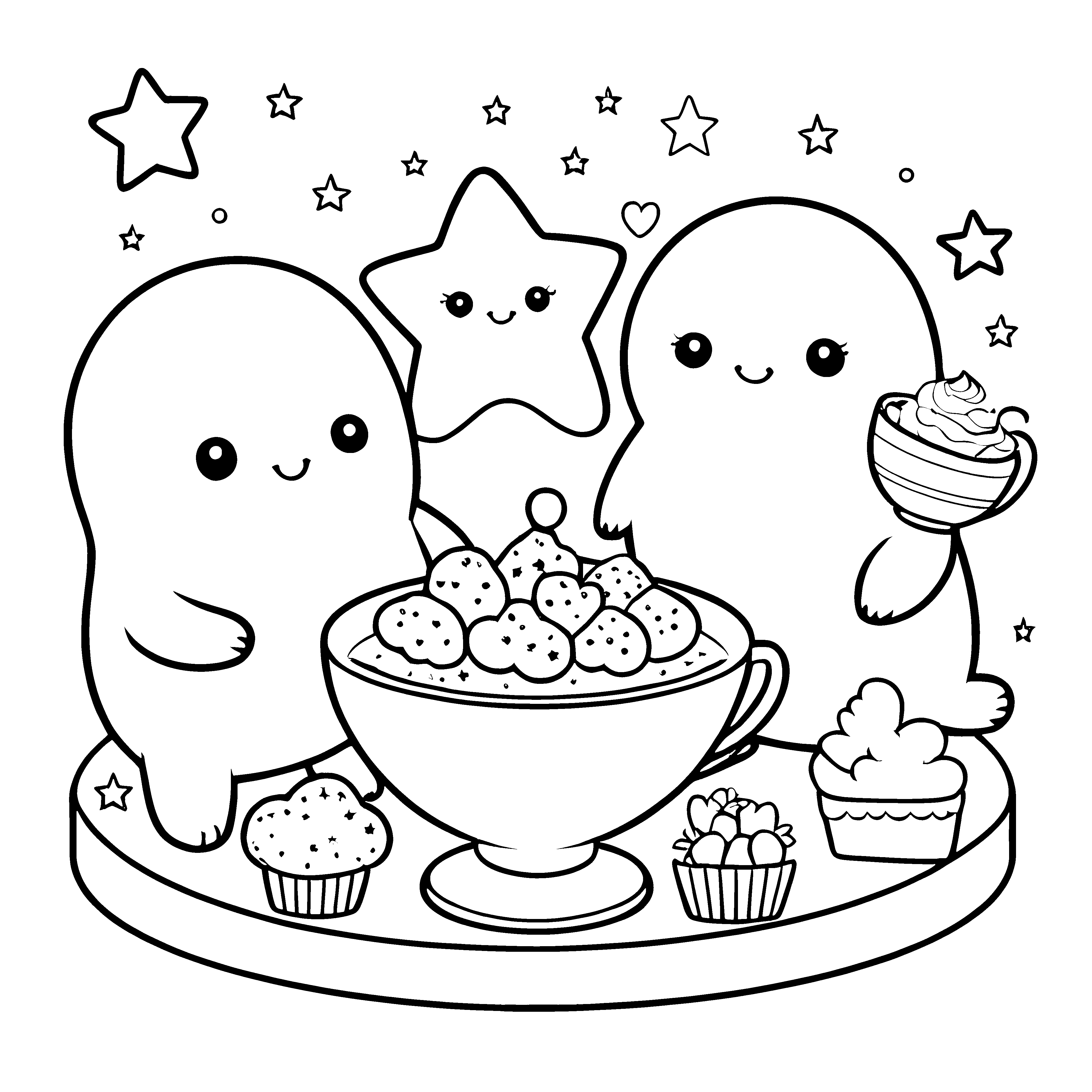 Niedliche Kawaii Sterne mit Eiscreme Malvorlage für neugierige Naschtiere