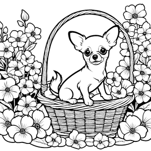 Süßer Chihuahua im Blumenkorb Ausmalvorlage für mutige Blütenkinder
