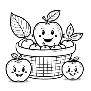 Lächelnde Kawaii-Äpfel im geflochtenen Korb Ausmalbild für kleine Obstfans