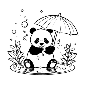 Verspielter Panda mit Regenschirm Malbild für neugierige Wasserfreunde