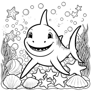 Fröhlicher Kawaii-Hai mit Seesternen Bastelmotiv für kreative Wasserfreunde