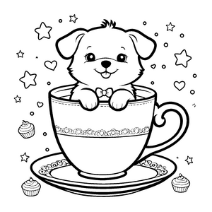 Verspielter Kawaii-Hund in Teetasse Malbild für verträumte Teetrinker