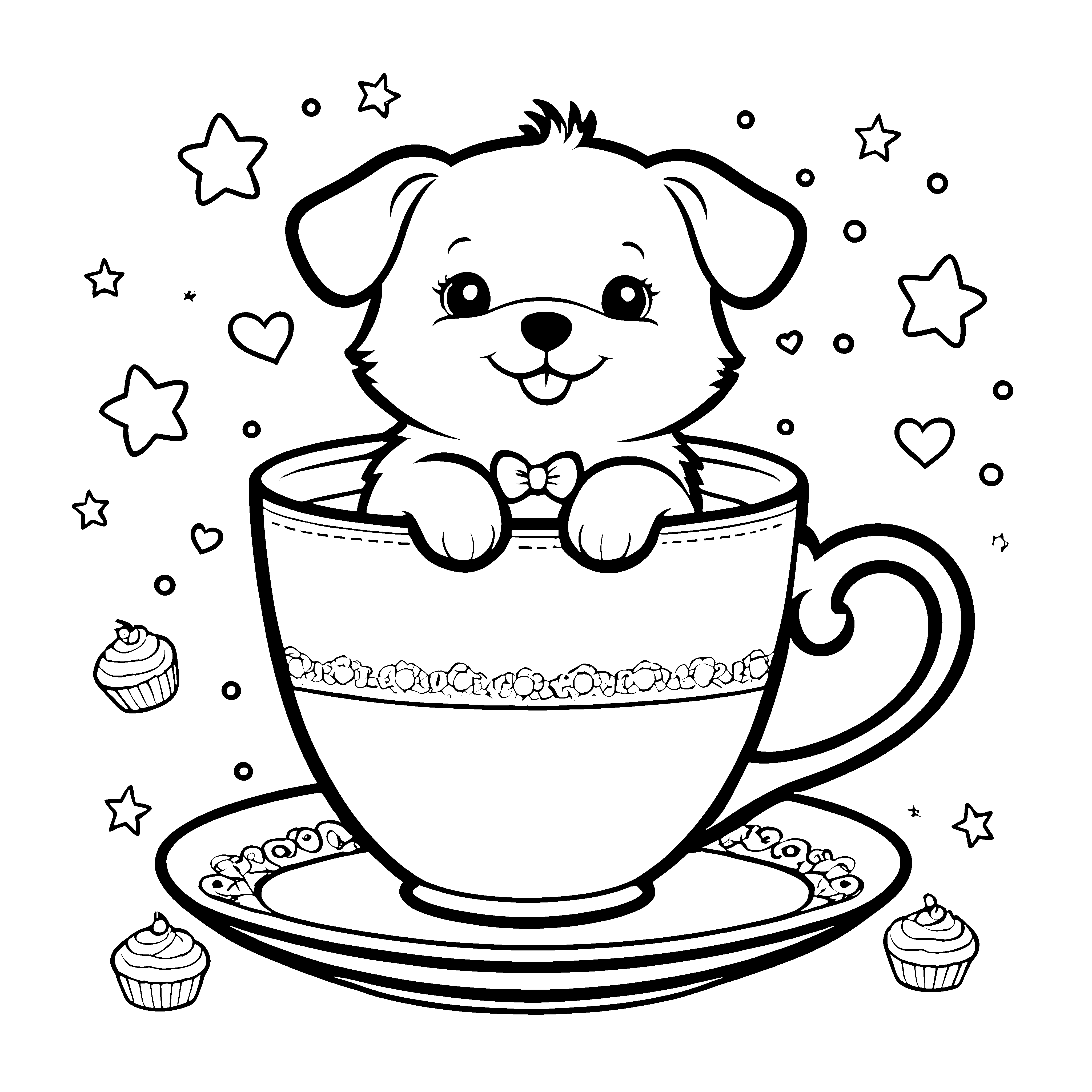 Verspielter Kawaii-Hund in Teetasse Malbild für verträumte Teetrinker