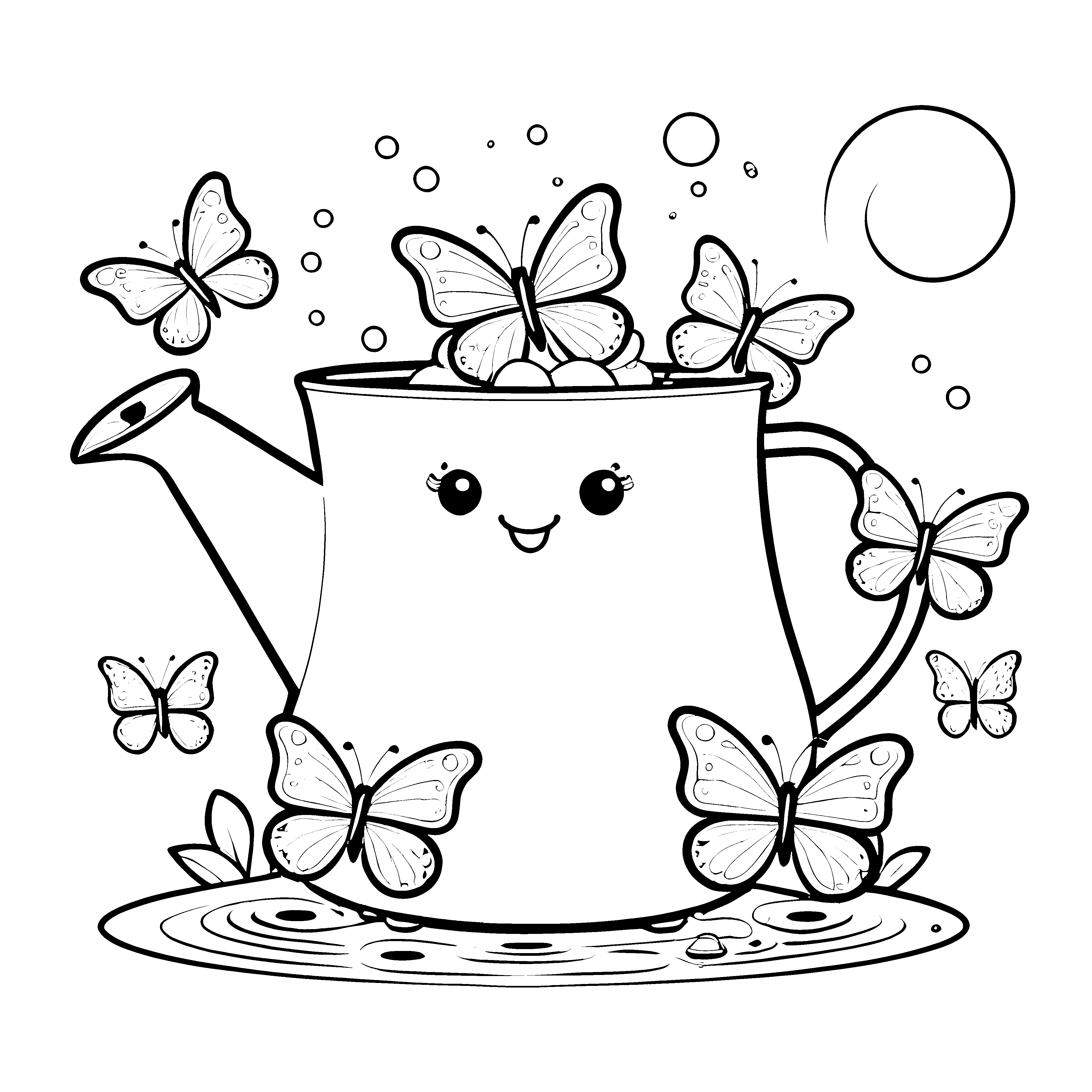 Heiterer Kawaii Schmetterling mit Gießkanne Malbild für mutige Pflanzenfreunde