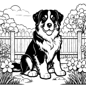 Aufmerksamer Berner Sennenhund im Garten Ausmalvorlage für Gartenfreunde