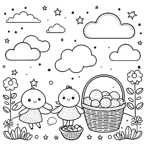 Süße Kawaii-Wolken mit Eierkorb Bastelvorlage für mutige Osterfreunde