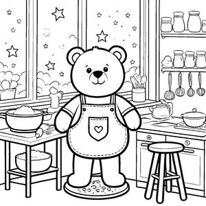Niedlicher Kawaii Teddybär in Schürze Bastelvorlage für malfreudige Küchenfreunde