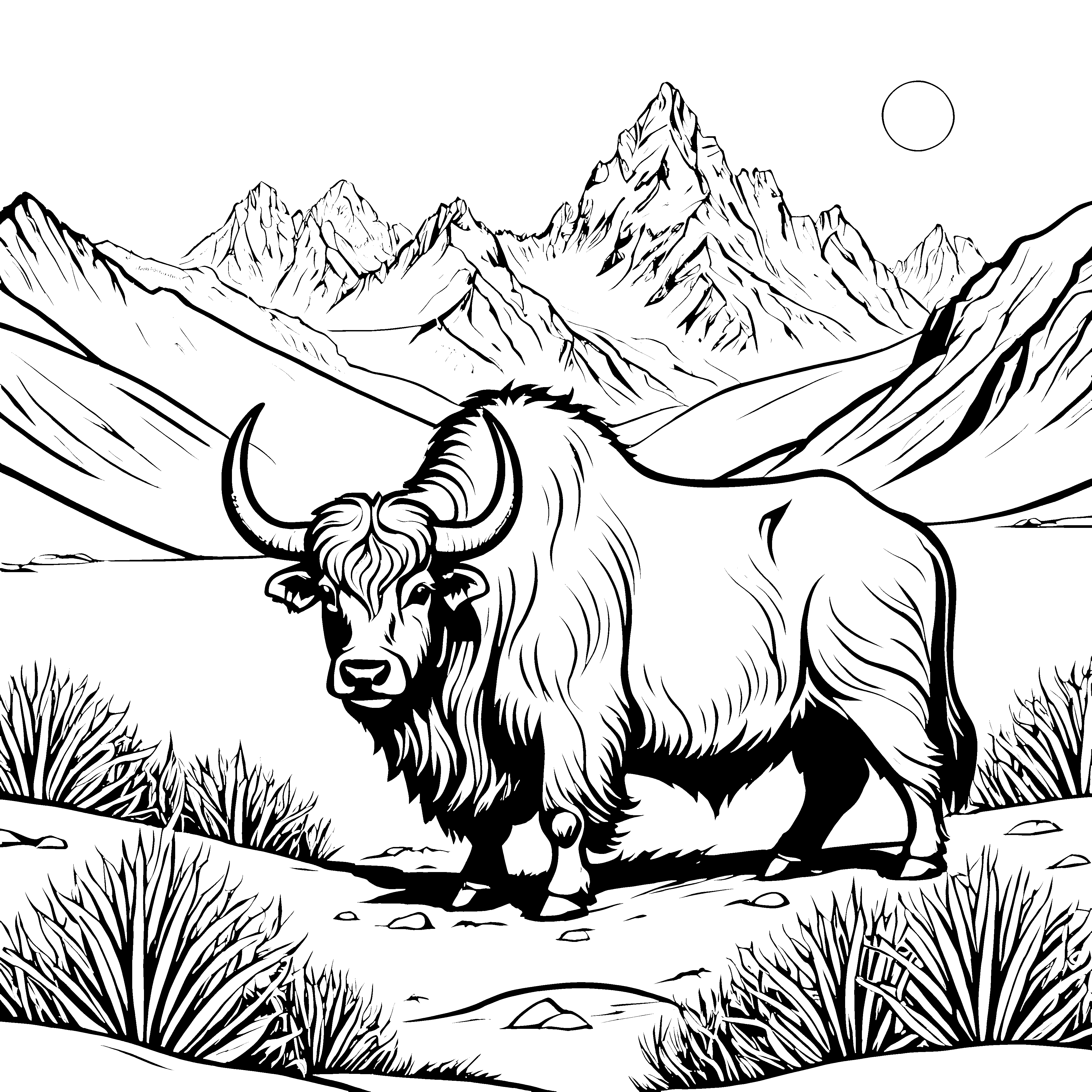 Majestätischer Yak in den Bergen Bastelvorlage für kleine Bergforscher