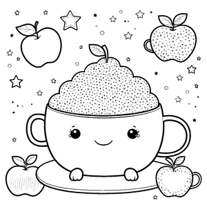 Verspielte Kawaii-Äpfel auf Schaumtasse Malvorlage für junge Teetrinker