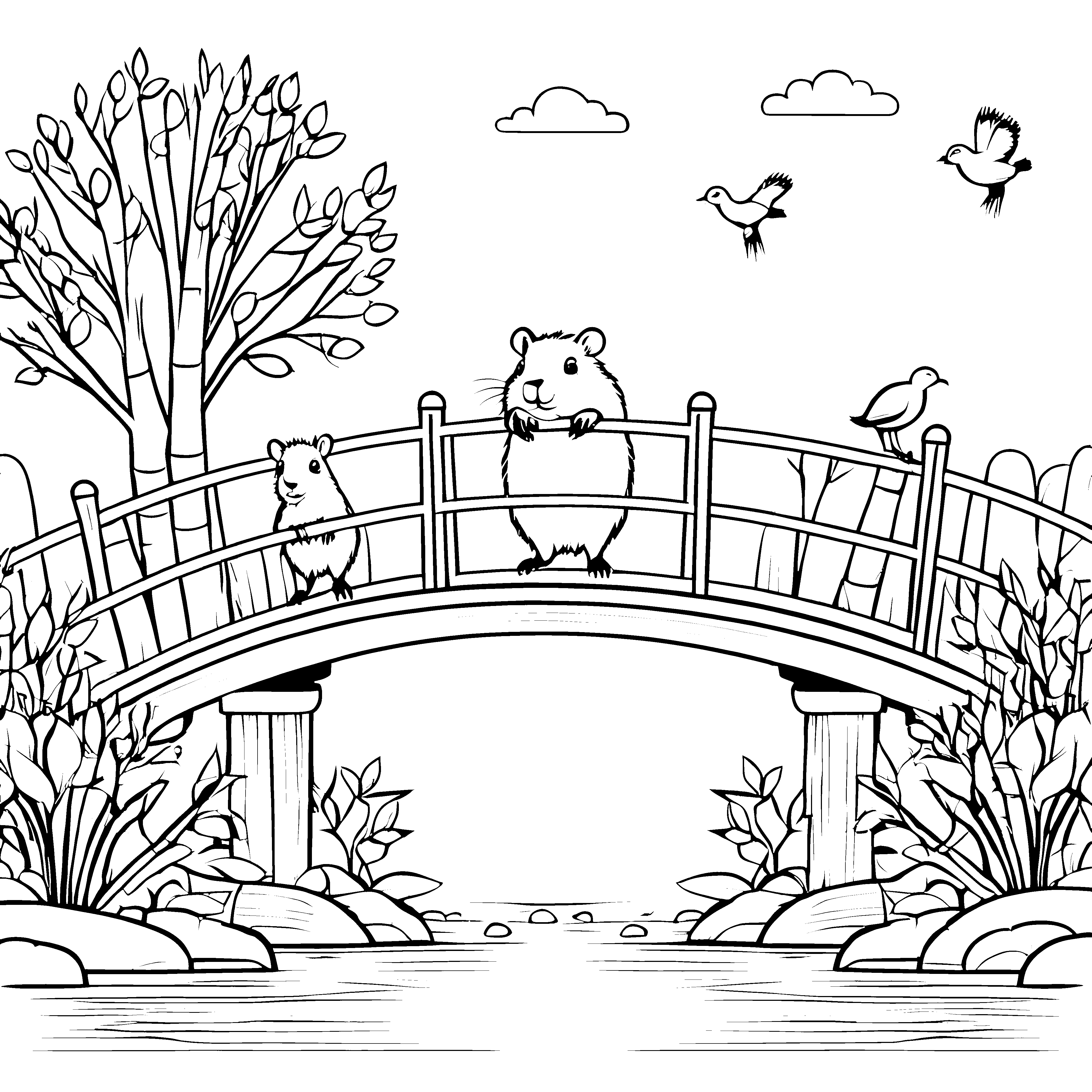 Idyllische Capybaras auf einer Brücke Bastelmotiv für verträumte Naturfreunde