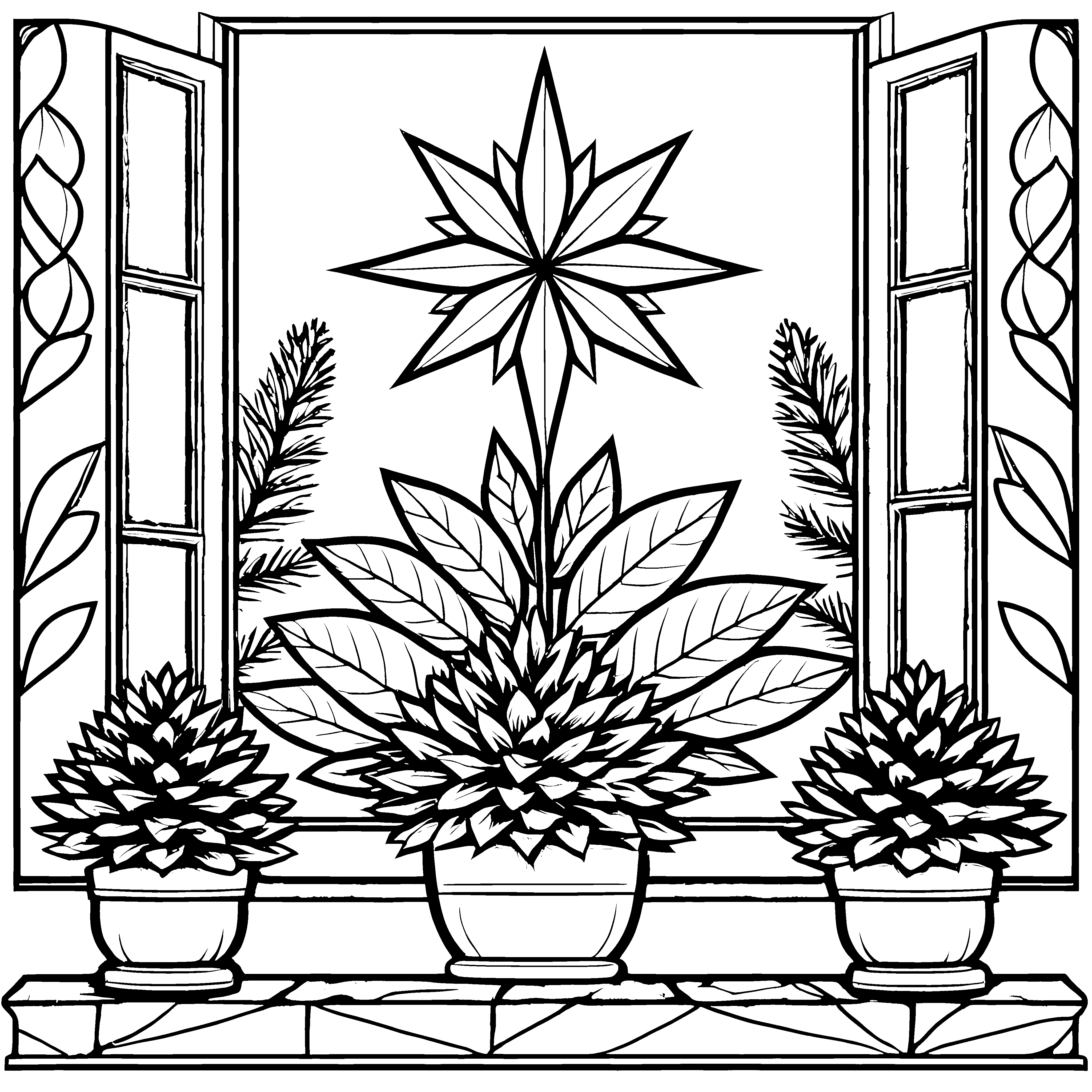 Strahlenreiche Weihnachtssterne auf der Fensterbank Malvorlage für kreative Winterträumer