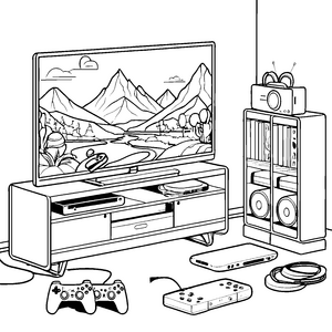 Modernes Wohnzimmer mit Spielekonsolen Ausmalvorlage für fröhliche Zockerfreunde