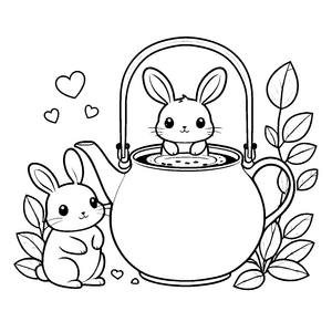 Verspielte Kawaii Hasen bei der Teekanne Bastelvorlage für junge Teezeitfreunde