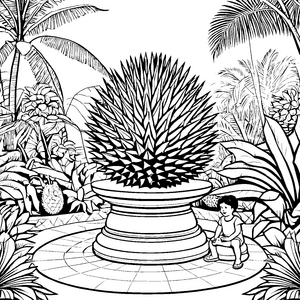Prachtvolle Durian mit Palmen Malbild für malfreudige Dschungelwanderer